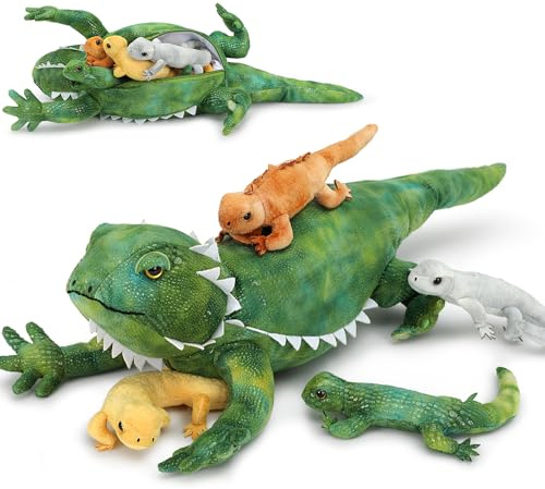 MorisMos Mamá Peluche Lagarto Verde con Bebe Suave Kawaii, 68cm Dragón Barbudo Juguete de Peluche Realista, Regalo Lagartos Morbido para Niños Niña Niños Navidad, Cumpleaños