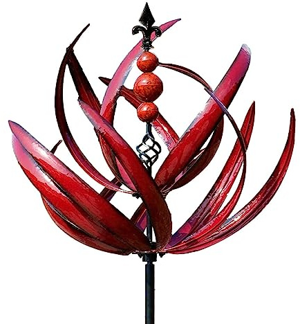 Moulin À Vent Lotus en Métal pour Cour Et Jardin, Rotation À 360 Degrés Moulin À Vent Extérieur À Fleurs Rouges avec Poteau Épaissi, Anti-UV Et Antirouille, Sculptures Et Filateurs À Vent Cinétique
