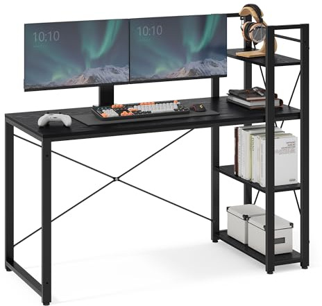 VASAGLE Computer Desk, Writing Desk with Storage Shelves on Left or Right, 137.2 cm Wide Home Office Desk, for Study, Easy Assembly, Industrial Style, Ebony Black LWD049B56