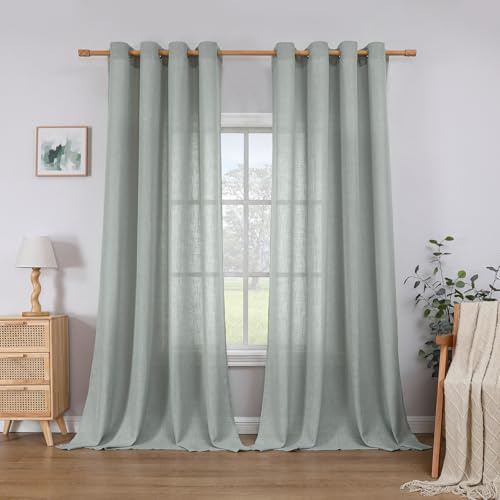 CUCRAF Leinen Vorhänge mit Ösen 2er Set H 225 x B 140 Salbeigrün Halbtransparente Leinenvorhang Wohnzimmer Leinenoptik Voile Gardinen Leinenfarbe Schlafzimmer Stores