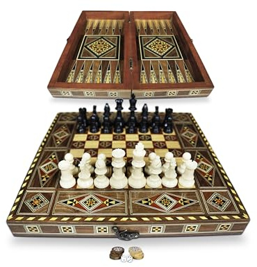 Neu 30 x 30 cm Holz Backgammon Tavla/Schachspiel/DAMA,Tavla,Original Intarsien Kunsthandwerk Handmade,Brett BK 301F mit 30 Holz Backgammon Steine und inkl. Plastic Schach Figuren