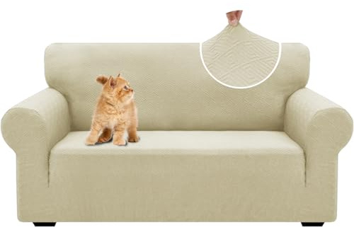 YSTELLAA Stretch Sofa Überzug 2 Sitzer, Sofaschoner rutschfest Mit Armlehne, Dicke Sofabezug Für Hunde Katzen Und Haustiere, Universal Jacquard Sofabezug, Waschbare Sofa Cover, Helles Beige