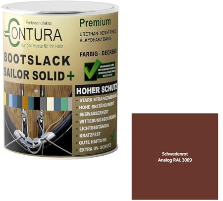 Contura Bootslack Farbig SEIDENMATT Yacht- Buntlack Metall Holz GFK Holzlack Boot Farblos (Schwedenrot - RAL 3009 Analog, 1 Liter)