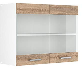 Vicco Hängeschrank R-Line, Wandhängeschrank, Sonoma/Weiß, 80 cm mit Glastüren