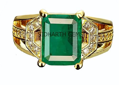 Mtrolls Ring mit natürlichem Smaragd 7,00 Ratti (vergoldeter Naturstein Panna/Panna) Original Edelstein in AAA-Qualität, verstellbarer astrologischer Ring für Damen und Herren, Small, Sterling Silber