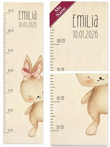 Messlatte Kind Holz - Süßer Hase mit Name und Datum Niedliches Hasenmotiv Häschenmotiv Häschen Hasen - 50-110 cm - Holz - kinder wachstum