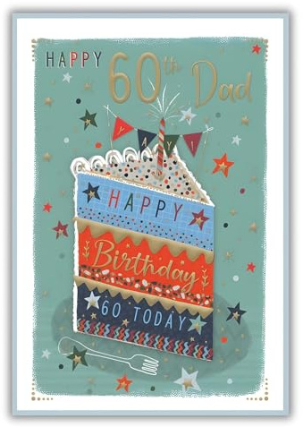 Dad 60th Birthday Card - Age 60 - Cake and Stars Design - Special Finishes and Illustrated Insert Leaf - Made in the UK - Eco-Friendly