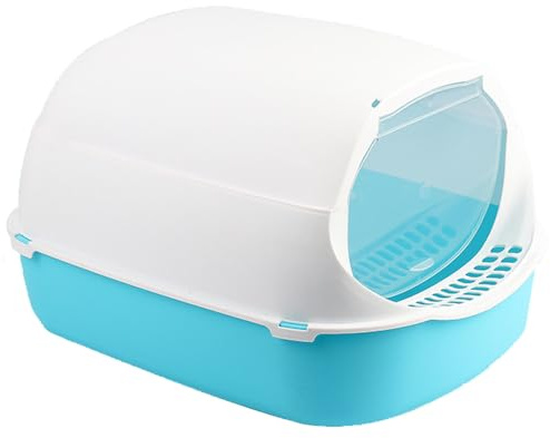 Pet Litter Tray with Roof Comfort Litter Box with Hood & Flap Doorway Detatchable Top Large Capacity (Light Blue)