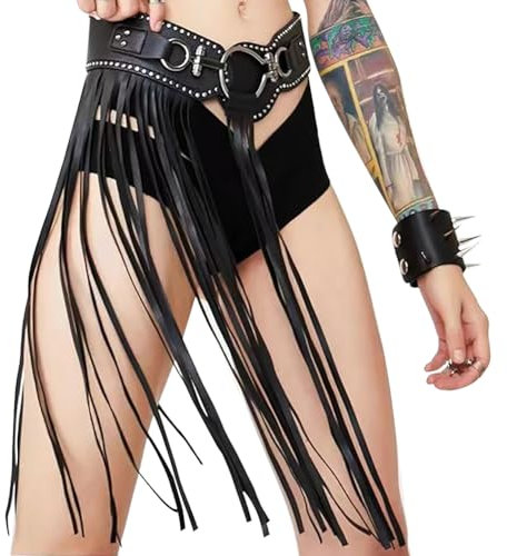 Mittelalterlicher römischer Quasten-Fransenrock-Gürtel, Vintage-Kunstleder, Hüftgürtel, Wikinger-Rüstung, Punk-Taillengürtel, Halloween, Cosplay, Größe XL, Schwarz, Einheitsgröße
