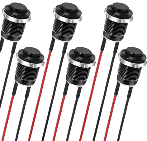 6 interruttori a pulsante momentanei neri, 12 V, impermeabili, in metallo nero, mini interruttore a pulsante rotondo da 12 mm con pre-saldato, piccolo pulsante rotondo da 1/2 '' per imbarcazioni