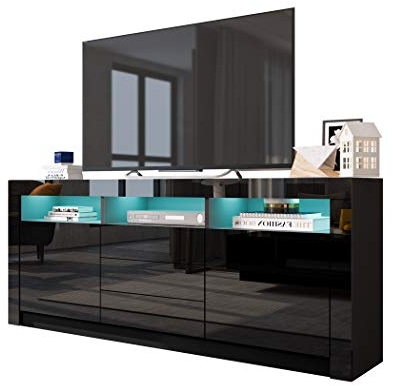 LED Sideboard Kabinett, Schwarz Glanz Sideboard Display Kabinett, 2 Tür, 3 Schubladen und 3 offene Regale, Moderne Schrank Aufbewahrungseinheit für Küche Wohnzimmer Esszimmer Flur 160 * 35 * 72CM
