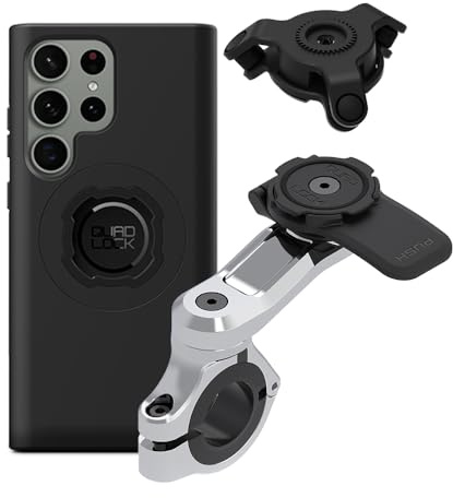 QUAD LOCK Lenker Handyhalterung PRO Chrom für Motorrad mit Vibrationsdämpfer und MAG Hülle für Galaxy S23 Ultra