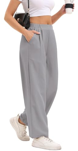 DGSHIRLDJO Weite Hose Damen Sommer Lässig Gerade Stoffhose Hohe Taille Lounge Elegante Business Hosen mit Taschen（XL，Grau）