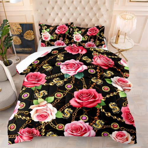 Bettdecke 140X200 Rosa Blumen Bettdecken 200Gsm,Dünne Und Leichte Duvet,4 Jahreszeiten Bettdecken,Weiche Mikrofaser Bettdecke Mit 2 Kissenbezüge,Warm Steppbettdecke Für Allergiker