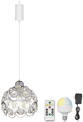 FSLiving Dimmbare Hängelampe mit Batterie Innen,Silbern Metall Hängeleuchte Batteriebetriebene Lampe, Pendelleuchte ohne Strom Stromanschluss für Küche Nachttischcafé,XDD054TB