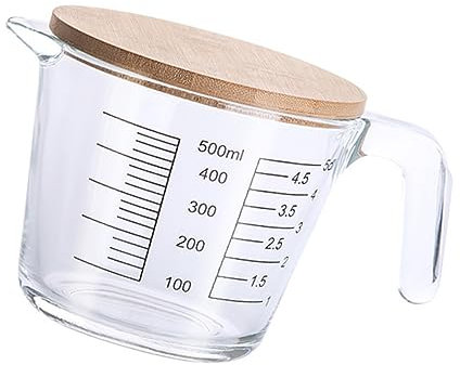 VINTORKY Jarra Medidora De Vidrio 500ml Resistente Al Calor Con Tapa De Madera, Taza Medidora Graduada Para Cocina Hogar y Repostería, Recipiente Para Líquidos, Diseño Reutilizable