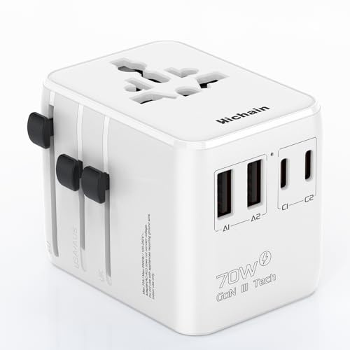 Hichain Presa Universale da Viaggio 70W PD Ricarica Veloce Adattatore da Viaggio 2 Porte USB-A 2 Porte USB-C Spina Internazionale da Viaggio Adattatore da Parete All-in-one per USA UE UK AUS