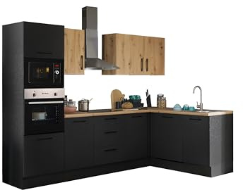TURIN LBM Eckküche Winkelküche Schwarz Artisan Eiche Optik 280 x 211 x 60cm | Küche ohne Küchengeräte, L-Form, L-Küche, Einbauküche ohne Elektrogeräten, geräumig, mit viel Stauraum, modernes Design