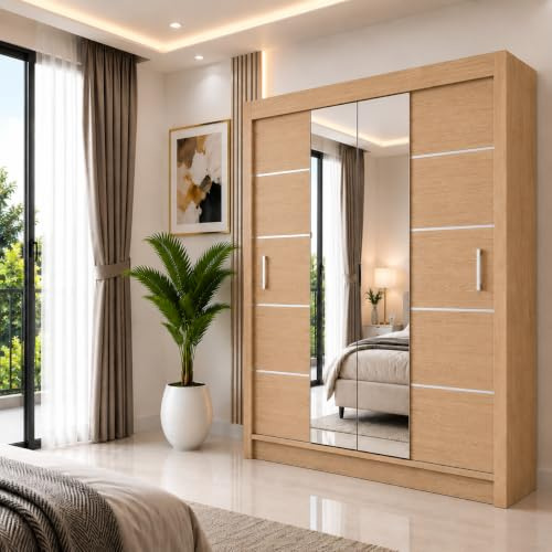IE INTERIOR EMPORIUM Oslo Mirror Sliding Door Wardrobe – 150cm, 180cm, 203cm, 250cm – Includes 1 LED (Oak, 180cm)