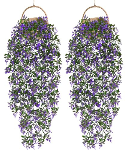DEMIUKO 4 Stück Kunstpflanze Hängend Künstlich Hängepflanzen Hängend Pflanzen Blumen wie echt 70cm Lang Hängeblumen Lila Plastikpflanzen Wanddeko Ranken für Indoor Outdoor Balkon Garten Topf Deko