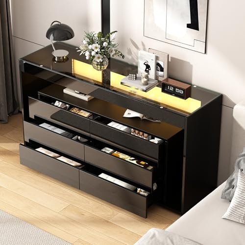 Hochglanz Sideboard mit LED Kommode mit 6 großen Schubladen Offenes Regal Stauschrank für Wohnzimmer Flur Schlafzimmer Büro Buffet Kabinett Beistellschrank Schwarz