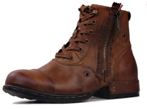 OSSTONE Retro svart herr läder chukkastövlar arbetare biker boots motorcykel läderskor för snörning stövletter boots OS-5008-8-N, Retro ljusbrun, 43 EU