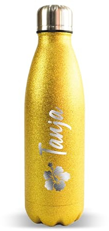 Kiwistar UG Gourde isotherme en acier inoxydable avec motif à paillettes dorées 500 ml – Bouteille isotherme avec nom – Double paroi avec finition pailletée, pour boissons froides et boissons chaudes