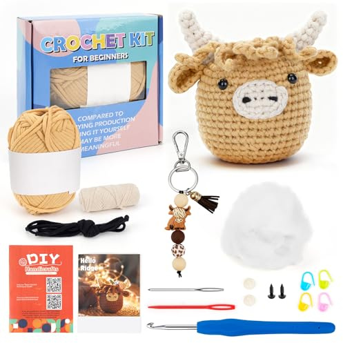 WinHoliLux Crochet Kit for Beginners - Highland Cow Crochet Kit, Include Highland Cow Keychain with Beads & Tassel, Crochet Hook, Soft Yarn, Video Tutorial, Instruction, Birthday Gift for Adults