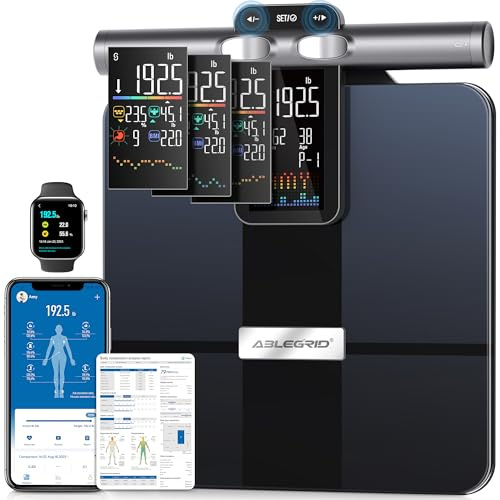 ABLEGRID 8-Electrode Digital Smart Bathroom Scale for Body Weight and Fat Percentage,Full Body Composition Analyzer with Gradient Trends Display,12.2 Platform Handle BMI Weighing Machine,400lb