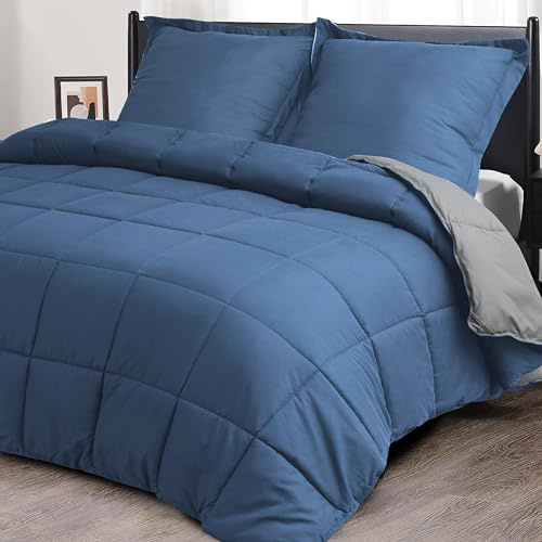 HIG Bettdecken-Set 3-teilig mit 1X Steppdecke 240x220 cm und 2X Kissenbezügen 65x65 cm – Oeko-TEX zertifizierte, kastenförmig genähte Daunenalternative in Blau, mit 1500g Füllung (300 GSM)