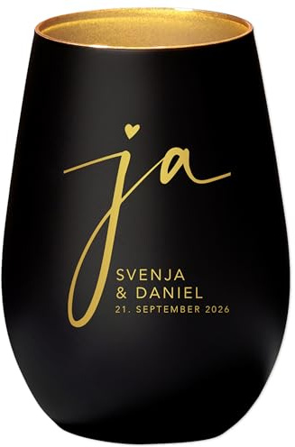 Hochzeitsgeschenk für Brautpaar Windlicht Hochzeit personalisiert Kerzenglas mit Gravur Teelichthalter Hochzeitstag Geschenk (Schwarz)