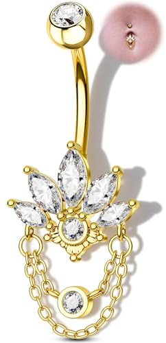 OUFER Piercing Nombril Lotus Fleur 316L Acier Chirurgical Bijou Belly Bar 14G 10mm Percing au Nombril Or Bananabell Piercing de Ventre pour Femmes