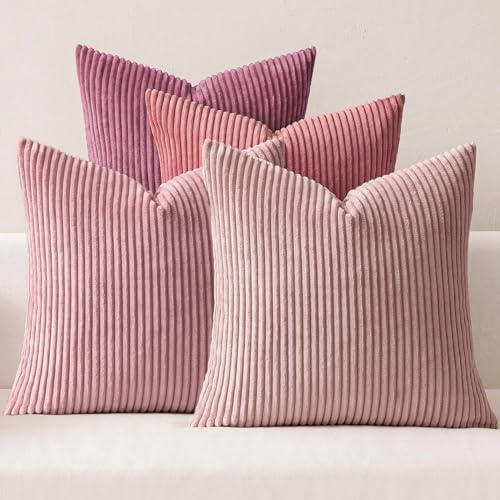 MIULEE Kissenbezug 60x60 4er Set Kordsamt Kissenhülle sofakissen Dark Pink | Weiche Kissenhülle Dekorative Sofakissen Quadratische Dekokissen Zierkissenbezug Gestreifte Kissenbezüge für Wohnzimmer