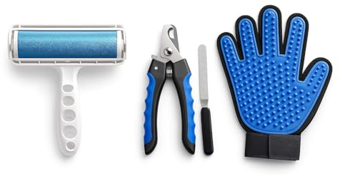 Genérico ARP® Pack Rodillo Quita Pelos Mascota + Cortaúñas de Acero Inoxidable para Mascotas con Tope de Seguridad + Lima de Uñas para Perros y Gatos + Guante de Aseo Quita Pelos Incluido (Azul)