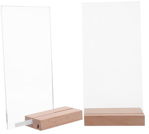 Didiseaon 2 pièces Lot de Porte-cartes Transparents Acrylique avec Base Bois Support Menu Vertical Double Face Porte-numéro Mariage et Présentoir Publicité pour Restaurant Bureau Exposition