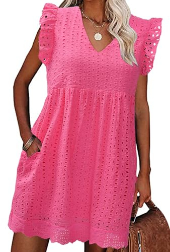 PASUDA Robe Femme Ete Chic Robe Courte avec Poches Robe Boheme Coton en Dentelle Jacquard Col en V Ample Robe Swing D 'été Robe de Plage Décontracté à Manches à Volants (Rose, L)