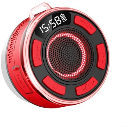 Glomc IPX7 Wasserdichter Dusch-Lautsprecher, tragbarer BT-Lautsprecher mit RGB-Lichtern, 360°-Sound und FM-Duschradio, abnehmbarer Saugnapf für Badezimmer, Pool-Party, Rot