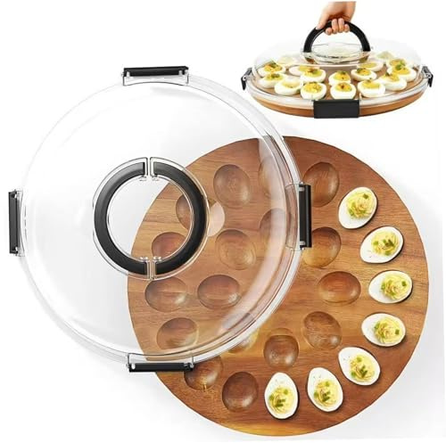 Bemonew Bandeja para Huevos Rellenos, Bandeja para Huevos Rellenos con Tapa, Soporte de 24 Compartimentos, de Madera de Acacia con asa para Fiestas, Brunch, cenas navideñas