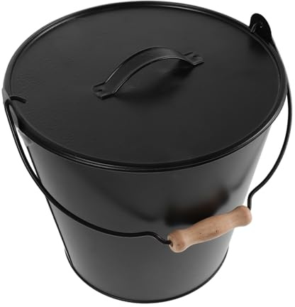 Cabilock Cubo para Cenizas de Leña con Tapa Segura y Asa de Madera, Recolector Metálico Negro para Chimenea y Estufa de Interior, y Práctico
