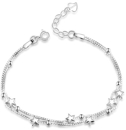 Tusuzik Elegant Mini Stars Beaded Charm Bracelet 925 Sterling Silver Box Chain Layer Bracelet, Adjustable Friendship Link Bracelet Jewelry for Women, 6.69+1.57Inch, Sterling Silver,No Stone, Sterling