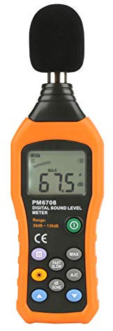 Sonomètre Digital Audio Décibel Compteur, PEAKMETER PM6708 Décibelmètre LCD Sonore Testeur de Mesure de Niveau Sonore 30-130dB Moniteur Mètre Mesure du Bruit A/C Mode Testeur de Décibel