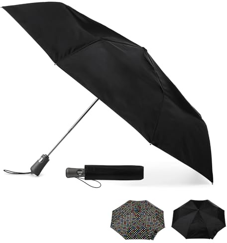 totes Portable Umbrella for Travel – Compact for Car, Backpack and Purse – Windproof, Strong, UV Sun Protection, Water-Repellant, Foldable On-the-Go Umbrella with One Touch Open/Close