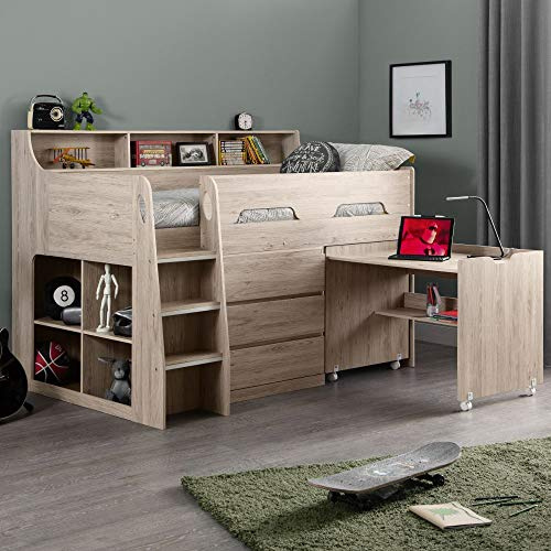 happybeds Jupiter Oak Wooden Mid Sleeper Bed, 3ft Single, Frame Only | 3ft Single, Wooden Mid Sleeper Bed, Frame Only, Oak, Storage Shelves, Solid Slatted Base, Safety Rails, Ladder, 90 x 190 cm