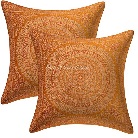 Stylo Culture Ethnico Funda Almohadon Decorativos 40x40 cm Brocado De Seda Mandala Fundas para Almohadones Sofa Amarillo Mostaza 16x16 Inch Jacquard Cuadrado Cremallera Funda Cojin Silla - 2 Pcs