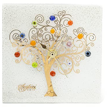 Sospiri Venezia Orologio da Tavolo Vetro Murano Meccanismo Silenzioso Decorato Murrine e Foglia Oro Idea Regalo Realizzato a Mano Made Italy (10x10 cm)