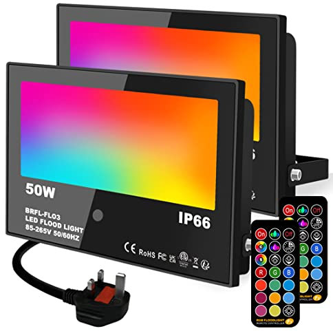 Lighting masters LED Floodlight Outdoor 50W, RGB Colour Changing Flood Lights with Remote Control，Timed, DIY Mode, Garden Lighting，IP66，UK 3-Plug (2 Pack)
