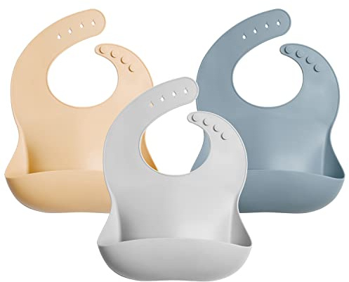 GODR7OY Bibs Baby Bibs, Soft and Foldable Weaning Bibs, Light Adjustable Bib with Wide Food Crumb Catcher Pocket, 3PCS Silicone Bibs for Babies, Natural & Gray