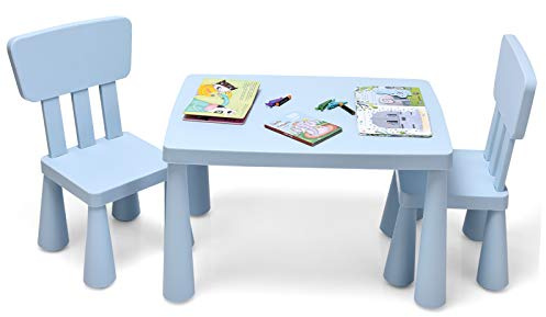 COSTWAY Set Tavolo e Sedie per Bambini 3+ Anni, 2 Sedie Ergonomiche con Schienale, Materiale PP Atossico e Inodore, Angoli Arrotondati, Adatto per Giocare, Disegnare e Leggere, Portata 50kg (Blu)
