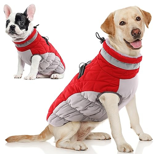 AOFITEE Wintermantel für große Hunde, Wasserdicht Hundemantel Hundejacke Mittelgroße Hunde mit Geschirr, Winddichter Winter Hunde Jacket mit Reißverschluss, Outdoor Hundebekleidung, L Weihnachtsrot