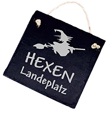 Schild Hexen Landeplatz - Hexe auf Besen - Schiefertafel 11 x 11 cm Hexenlandeplatz Türschild